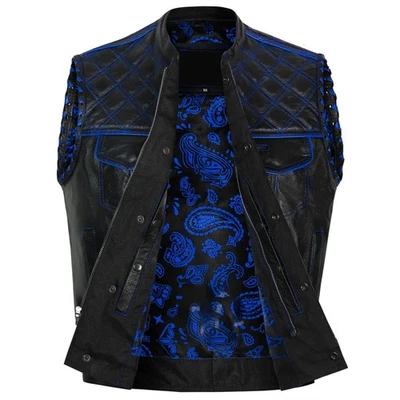 Men’s Leather Diamond Quilted Denim Biker Vest Handmade Club Style Riding Vest - Image 1 of 4