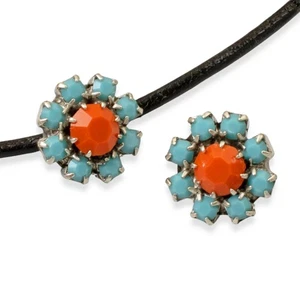 2Pc Czech Glass Rhinestone Buttons - Coral & Turquoise Southwest Craft Supplies - Picture 1 of 9