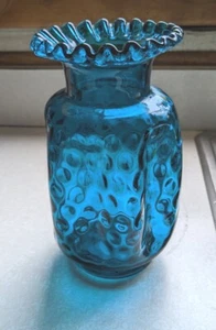 8" FENTON JAMESTOWN Pinch DOT OPTIC VASE Colonial BLUE Ruffle Collar Studio  - Picture 1 of 9