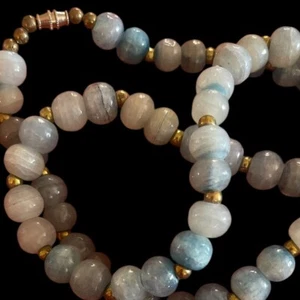 Lemurian Aquatine Calcite Necklace Blue W/Gold colored accent Beads 25" round - Picture 1 of 8
