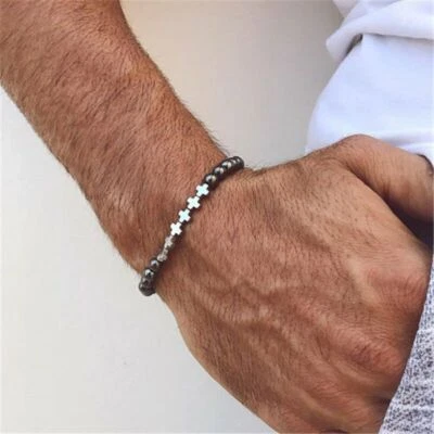 1x Magnetic Hematite Beaded Bracelet Cross Stone Bangle Weight Loss Men Gift New - Image 1 of 4