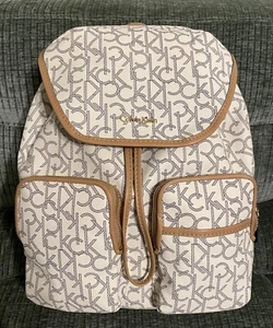 Calvin Klein Monogram Logo Backpack White Tan - Picture 1 of 4
