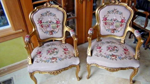 PAIR VINTAGE  LOUIS XV STYLE UPHOLSTERED TAPESTRY,PADDED ARM RESTS ARMCHAIRS Cover