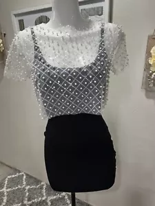 White mesh top style blouse with pearls and glitter casual party outfits Size M - Picture 1 of 5