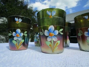 Antike Fenton Carnival Glas grün ''VERGISSMEINNICHT'' Becher - 5er Set - Bild 1 von 11