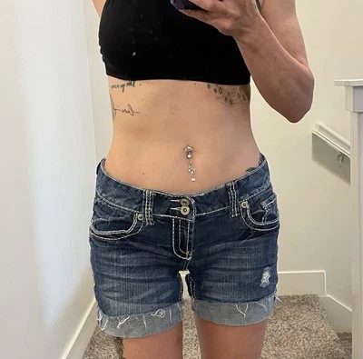 Amethyst Jeans Indigo Low Rise Denim Distressed Cuffed  Shorts Stretch Size 7 - Image 1 of 4