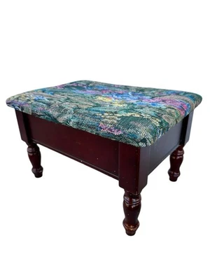 Vtg Needlepoint Tapestry Footstool Lift Up Lid Hidden Storage, Dark Cherry Wood - Image 1 of 4