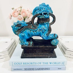 Vtg Glazed Turquoise Porcelain Foo Dog Statue Signed Chinoiserie Italy Antique - Picture 1 of 13