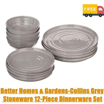 Better Homes & Gardens-Collins Grey Stoneware 12-Piece Dinnerware Set - Image 1 of 4