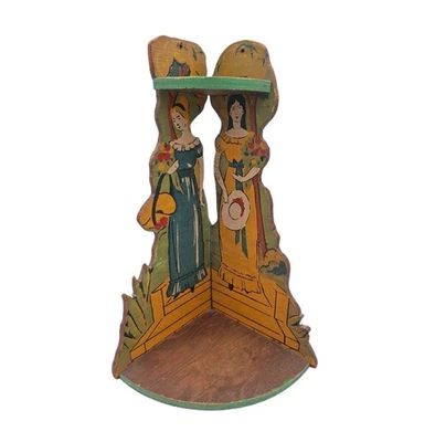 Antique Hand Painted Wooden Corner Shelf Victorian Women with Flowers Folk Art - Image 1 of 4