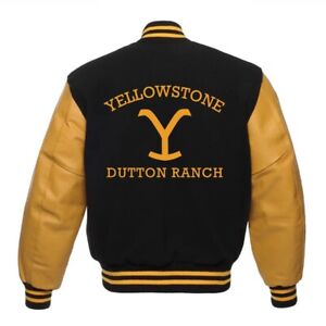 Dutton Ranch Yellowstone Varsity Bomber Jacket Black/Golden with Wool & Leather