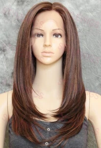 Blond/Braun/Auburn lange gerade Hitze OK Spitze vorne Echthaarmischung Perücke EVEK - Bild 1 von 7