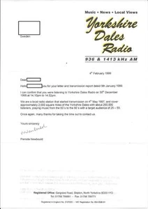 QSL Yorkshire Dales Radio Skipton England United Kingdom AM 1998 signed  DX SWL - Picture 1 of 1