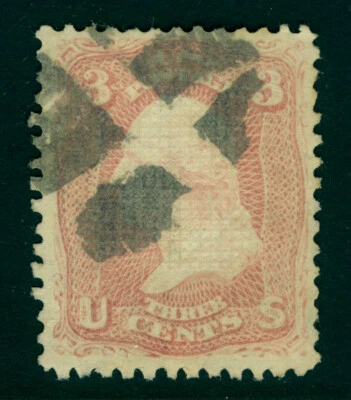 US 1867  Washington 3c rose  D. Grill 15x18 pts.  Scott 85  used  VF-XF stamp - Image 1 of 2