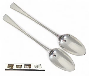 Antique Georgian 1777 Pair Sterling Silver Basting Serving Spoons English Bead - Picture 1 of 10