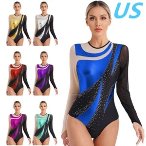 Womens Long Sleeve Dance Leotards Jumpsuit Ballet Stage Performance Dancewear - Picture 1 of 56