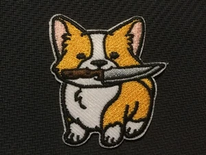 Corgi with Knife Embroidered Iron On 2”x1.75" Dog - Picture 1 of 1