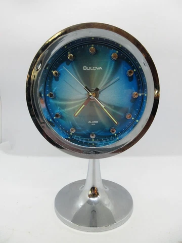 VINTAGE BULOVA MODEL # 51111 MID CENTURY BLUE FACE PEDESTAL ALARM CLOCK Cover