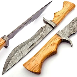 Beautiful Handmade Damascus Bowie Knife | Razor-Sharp Blade, Leather Sheath 40cm - Picture 1 of 4
