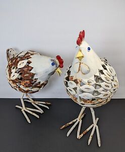 Antique Rustic Metal Garden Hen Sculptures Outdoor Figurines Chickens Handmade