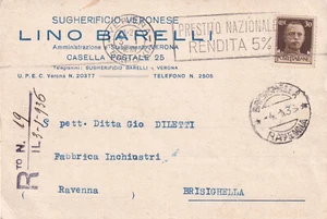 C20017-REGNO, VENETO,VERONA PER BRISIGHELLA (RA) SUGHERIFICIO LINO BARELLI, 1936 - Imagen 1 de 2