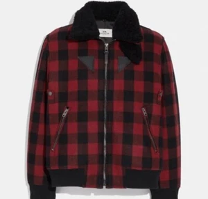 $898 Coach Mens Wool Red Plaid Shearling Collar Bomber Jacket Medium - Picture 1 of 23