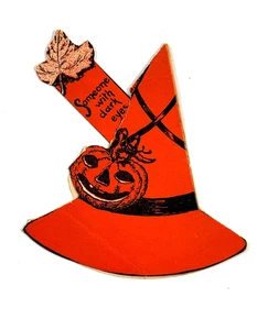 Vintage Pfeife Halloween Wahrsagen Hexenhut Spitze Karte gestanzt - Bild 1 von 5