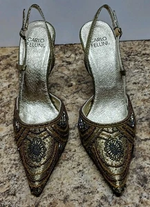 New Carlo Fellini Beaded Slingback Heels 6.5 Bronze Sequins Evening Cocktail - Picture 1 of 12