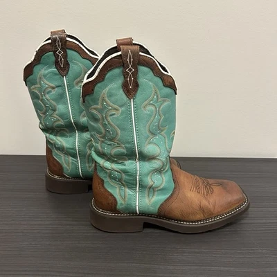 Justin Gypsy 女式牛仔靴西部方头棕色/绿松石 9.5B L2904 — 第 1/4 张图片