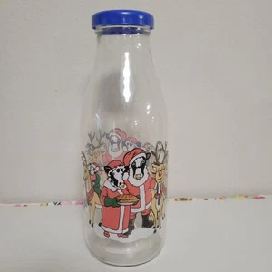 Glass Milk Bottle with Lid - Christmas Cow With Reindeer 2003 Sherwood Brands - Picture 1 of 8