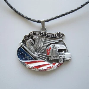 American Hero Truck Driver Metal Charm Pendant Leather Necklace - Picture 1 of 3
