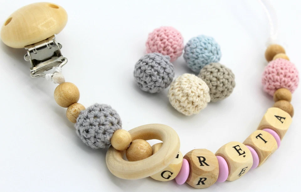 HANDGEFERTIGT Schnullerkette mit Namen ★ Häkelperlen★ Natur Holz Ring Junge• Mädchen Rosa Grau