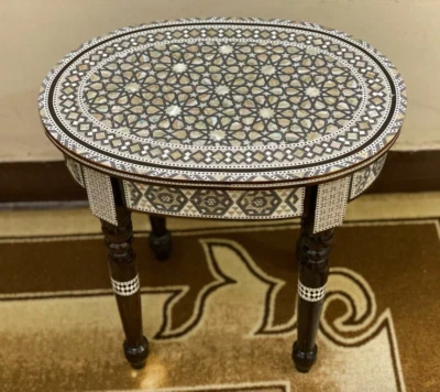 Handmade Wooden End Table Carving Wood Table Home Decor Mother of Pearl Inlay - Image 1 of 4