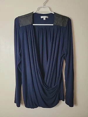 Cabi Women's Blue Midnight in Paris Mock Wrap Faux Leather Trim Top, L - Image 1 of 4