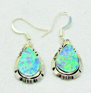 Native American Earrings Navajo Calvin Spencer Lab Created Opal 925 Silver #54 - Picture 1 of 5