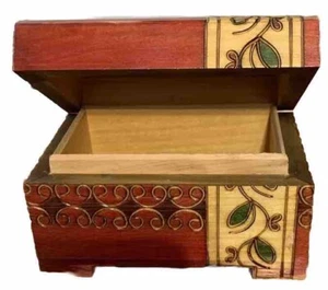 Vintage Hand Carved Trinket ￼Jewelry Box Painted Vines Hinged Lid Wood 4 3/4”x3” - Picture 1 of 22