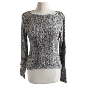 BEBE Knit Sweater Womens Sz Medium Black Cream Sequin Coastal Beach - Picture 1 of 8