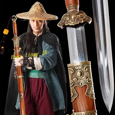 Chinese KUNGFU Battle Jian Damascus Folded Steel Sharp Sword Brass Accessory 蛟龙剑 - Image 1 of 4