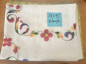 Vintage Embroidered Multicolor Tablecloth White Floral Scrolls 58x45 Flaws - Picture 1 of 11