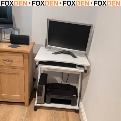 Portable Computer Desk on Wheels Compact Home Office Workstation Table White WFH - Image 1 of 4