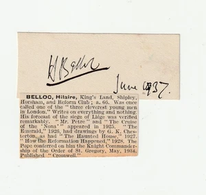 HILAIRE BELLOC French/English *Author /Liberal MP ink signed card 1937 - Picture 1 of 1