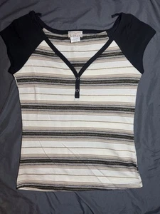 Lotus USA Glitter Stripe Black Gold Women V-Neck Shirt Top Tan Vintage Y2K NEW - Picture 1 of 11