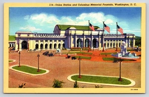 Postal de lino Union Station y Columbus Memorial Fountain Washington DC - Imagen 1 de 2
