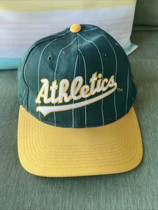 Vintage Starter Oakland Athletics A’s Nadelstreifen Druckknopflasche grün gelb Mütze Ball - Bild 1 von 7