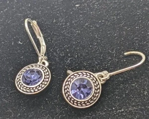 VTG Napier Birthstone Drop Earrings Purple Crystal Silver Tone Pierced Leverback - Picture 1 of 6