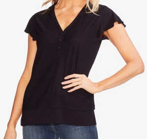 Women Vince Camuto Flutter Cap Sleeves Henley V-Neck Tee Black Size S B4HP - Picture 1 of 1