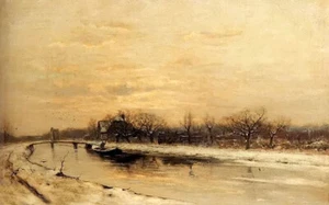 Oil louis apol winter an orchard alongside canal farmhouse in distance at dusk - Picture 1 of 1