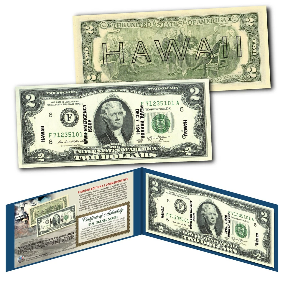 HAWAII Overprint WWII Emergency Pearl Harbor Tribute on Legal Tender $2 U.S Bill - Image 1 of 3