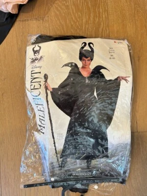 Maleficent COSTUME Black WITCH Gown size 8-10 Dress And Plastic Horn Hat Disney  - Image 1 of 2