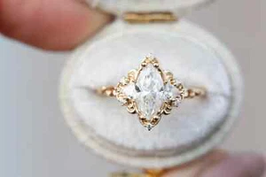 Engagement Ring 14K Yellow Gold Plated 1.0 Carat Marquise Cut Moissanite Ring - Picture 1 of 19